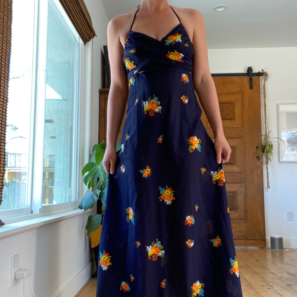 Vintage Lanz halter floral maxi dress blue lightweight small